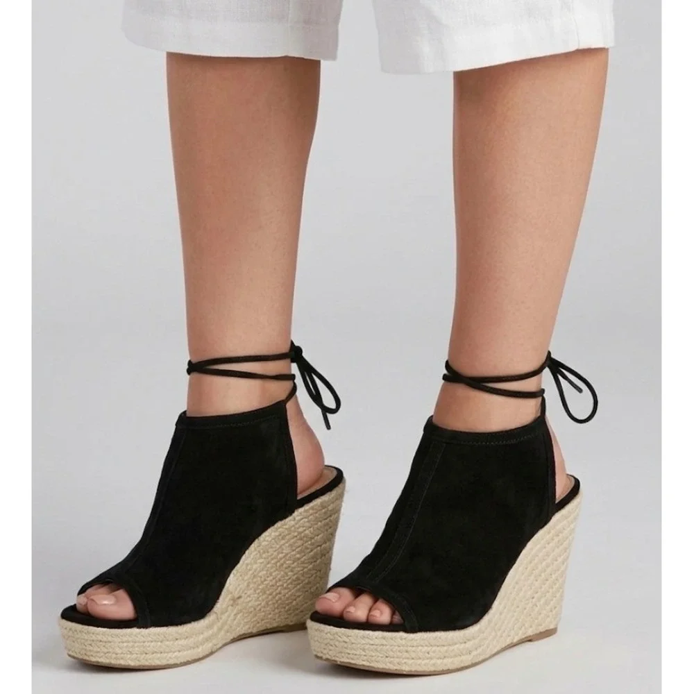 Steve Madden Chya Black Leather Espadrille Wedge Sandals Lace Up Ankle Tie 8.5